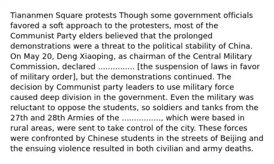 Tiananmen Square protests Though some government officials favored a soft approach to the protesters, most of the Communist Party elders believed that the prolonged demonstrations were a threat to the political stability of China. On May 20, Deng Xiaoping, as chairman of the Central Military Commission, declared ............... [the suspension of laws in favor of military order], but the demonstrations continued. The decision by Communist party leaders to use military force caused deep division in the government. Even the military was reluctant to oppose the students, so soldiers and tanks from the 27th and 28th Armies of the ................, which were based in rural areas, were sent to take control of the city. These forces were confronted by Chinese students in the streets of Beijing and the ensuing violence resulted in both civilian and army deaths.