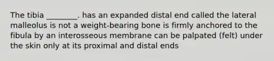 The tibia ________. has an expanded distal end called the lateral malleolus is not a weight-bearing bone is firmly anchored to the fibula by an interosseous membrane can be palpated (felt) under the skin only at its proximal and distal ends