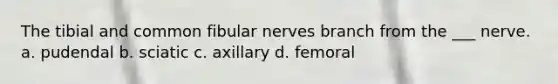 The tibial and common fibular nerves branch from the ___ nerve. a. pudendal b. sciatic c. axillary d. femoral