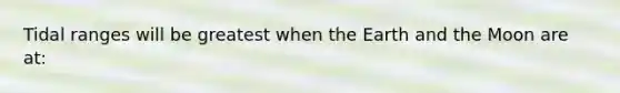 Tidal ranges will be greatest when the Earth and the Moon are at: