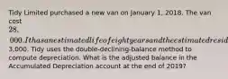 Tidy Limited purchased a new van on January 1, 2018. The van cost 28,000. It has an estimated life of eight years and the estimated residual value is3,000. Tidy uses the double-declining-balance method to compute depreciation. What is the adjusted balance in the Accumulated Depreciation account at the end of 2019?