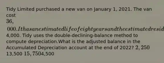 Tidy Limited purchased a new van on January 1, 2021. The van cost 36,000. It has an estimated life of eight years and the estimated residual value is4,000. Tidy uses the double-declining-balance method to compute depreciation.What is the adjusted balance in the Accumulated Depreciation account at the end of 2022? 2,25013,500 15,7504,500