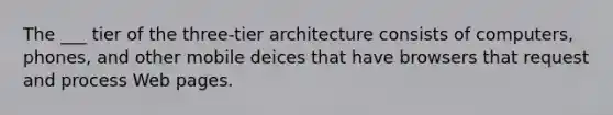 The ___ tier of the three-tier architecture consists of computers, phones, and other mobile deices that have browsers that request and process Web pages.