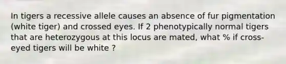 In tigers a recessive allele causes an absence of fur pigmentation (white tiger) and crossed eyes. If 2 phenotypically normal tigers that are heterozygous at this locus are mated, what % if cross-eyed tigers will be white ?