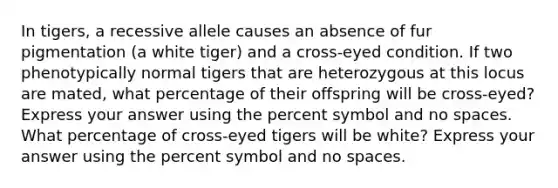 In tigers, a recessive allele causes an absence of fur pigmentation (a white tiger) and a cross-eyed condition. If two phenotypically normal tigers that are heterozygous at this locus are mated, what percentage of their offspring will be cross-eyed? Express your answer using the percent symbol and no spaces. What percentage of cross-eyed tigers will be white? Express your answer using the percent symbol and no spaces.