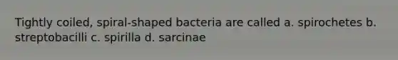 Tightly coiled, spiral-shaped bacteria are called a. spirochetes b. streptobacilli c. spirilla d. sarcinae