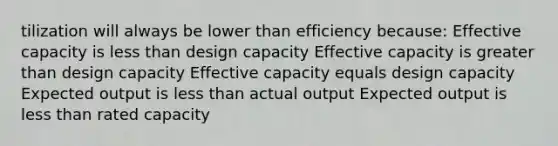 tilization will always be lower than efficiency because: Effective capacity is less than design capacity Effective capacity is greater than design capacity Effective capacity equals design capacity Expected output is less than actual output Expected output is less than rated capacity