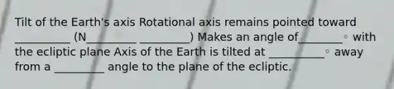 Tilt of the Earth's axis Rotational axis remains pointed toward __________ (N_________ _________) Makes an angle of________◦ with the ecliptic plane Axis of the Earth is tilted at __________◦ away from a _________ angle to the plane of the ecliptic.