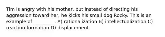 Tim is angry with his mother, but instead of directing his aggression toward her, he kicks his small dog Rocky. This is an example of _________. A) rationalization B) intellectualization C) reaction formation D) displacement