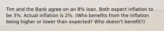 Tim and the Bank agree on an 8% loan. Both expect inflation to be 3%. Actual inflation is 2%. (Who benefits from the Inflation being higher or lower than expected? Who doesn't benefit?)