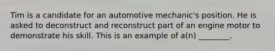 Tim is a candidate for an automotive mechanic's position. He is asked to deconstruct and reconstruct part of an engine motor to demonstrate his skill. This is an example of a(n) ________.