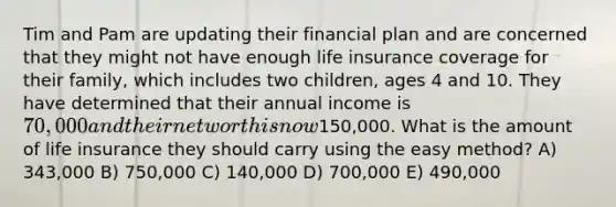 Tim and Pam are updating their financial plan and are concerned that they might not have enough life insurance coverage for their family, which includes two children, ages 4 and 10. They have determined that their annual income is 70,000 and their net worth is now150,000. What is the amount of life insurance they should carry using the easy method? A) 343,000 B) 750,000 C) 140,000 D) 700,000 E) 490,000