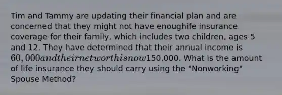 Tim and Tammy are updating their financial plan and are concerned that they might not have enoughife insurance coverage for their family, which includes two children, ages 5 and 12. They have determined that their annual income is 60,000 and their net worth is now150,000. What is the amount of life insurance they should carry using the "Nonworking" Spouse Method?