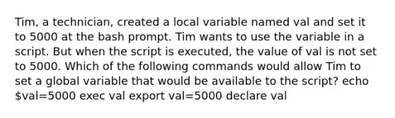 Tim, a technician, created a local variable named val and set it to 5000 at the bash prompt. Tim wants to use the variable in a script. But when the script is executed, the value of val is not set to 5000. Which of the following commands would allow Tim to set a global variable that would be available to the script? echo val=5000 exec val export val=5000 declare val