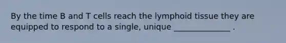 By the time B and T cells reach the lymphoid tissue they are equipped to respond to a single, unique ______________ .
