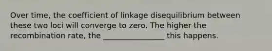 Over time, the coefficient of linkage disequilibrium between these two loci will converge to zero. The higher the recombination rate, the ________________ this happens.