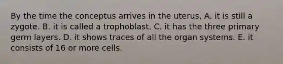 By the time the conceptus arrives in the uterus, A. it is still a zygote. B. it is called a trophoblast. C. it has the three primary germ layers. D. it shows traces of all the organ systems. E. it consists of 16 or more cells.