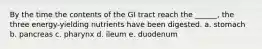 By the time the contents of the GI tract reach the ______, the three energy-yielding nutrients have been digested. a. stomach b. pancreas c. pharynx d. ileum e. duodenum