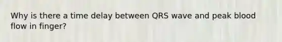 Why is there a time delay between QRS wave and peak blood flow in finger?