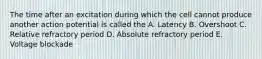 The time after an excitation during which the cell cannot produce another action potential is called the A. Latency B. Overshoot C. Relative refractory period D. Absolute refractory period E. Voltage blockade