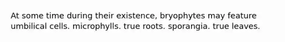 At some time during their existence, bryophytes may feature umbilical cells. microphylls. true roots. sporangia. true leaves.