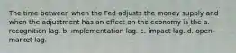 The time between when the Fed adjusts the money supply and when the adjustment has an effect on the economy is the a. recognition lag. b. implementation lag. c. impact lag. d. open-market lag.