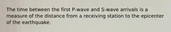 The time between the first P-wave and S-wave arrivals is a measure of the distance from a receiving station to the epicenter of the earthquake.