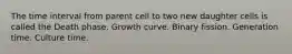 The time interval from parent cell to two new daughter cells is called the Death phase. Growth curve. Binary fission. Generation time. Culture time.