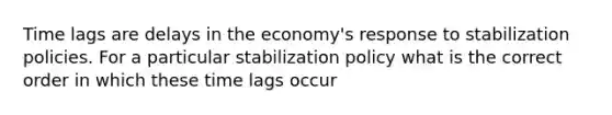 Time lags are delays in the economy's response to stabilization policies. For a particular stabilization policy what is the correct order in which these time lags occur