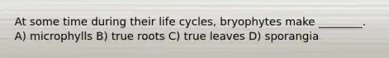 At some time during their life cycles, bryophytes make ________. A) microphylls B) true roots C) true leaves D) sporangia