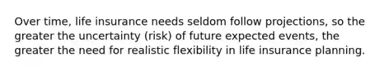 Over time, life insurance needs seldom follow projections, so the greater the uncertainty (risk) of future expected events, the greater the need for realistic flexibility in life insurance planning.