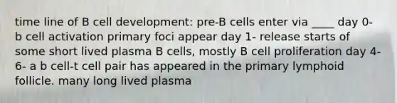 time line of B cell development: pre-B cells enter via ____ day 0- b cell activation primary foci appear day 1- release starts of some short lived plasma B cells, mostly B cell proliferation day 4-6- a b cell-t cell pair has appeared in the primary lymphoid follicle. many long lived plasma