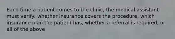 Each time a patient comes to the clinic, the medical assistant must verify: whether insurance covers the procedure, which insurance plan the patient has, whether a referral is required, or all of the above