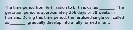 The time period from fertilization to birth is called ________. The gestation period is approximately 266 days or 38 weeks in humans. During this time period, the fertilized single cell called as ________, gradually develop into a fully formed infant.