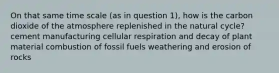 On that same time scale (as in question 1), how is the carbon dioxide of the atmosphere replenished in the natural cycle? cement manufacturing cellular respiration and decay of plant material combustion of fossil fuels weathering and erosion of rocks