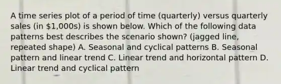 A time series plot of a period of time (quarterly) versus quarterly sales (in 1,000s) is shown below. Which of the following data patterns best describes the scenario shown? (jagged line, repeated shape) A. Seasonal and cyclical patterns B. Seasonal pattern and linear trend C. Linear trend and horizontal pattern D. Linear trend and cyclical pattern