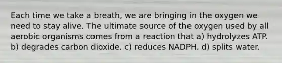 Each time we take a breath, we are bringing in the oxygen we need to stay alive. The ultimate source of the oxygen used by all aerobic organisms comes from a reaction that a) hydrolyzes ATP. b) degrades carbon dioxide. c) reduces NADPH. d) splits water.