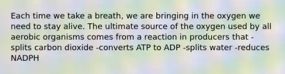 Each time we take a breath, we are bringing in the oxygen we need to stay alive. The ultimate source of the oxygen used by all aerobic organisms comes from a reaction in producers that -splits carbon dioxide -converts ATP to ADP -splits water -reduces NADPH