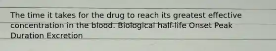 The time it takes for the drug to reach its greatest effective concentration in the blood. Biological half-life Onset Peak Duration Excretion