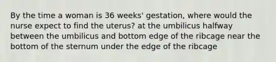 By the time a woman is 36 weeks' gestation, where would the nurse expect to find the uterus? at the umbilicus halfway between the umbilicus and bottom edge of the ribcage near the bottom of the sternum under the edge of the ribcage