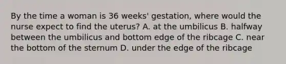 By the time a woman is 36 weeks' gestation, where would the nurse expect to find the uterus? A. at the umbilicus B. halfway between the umbilicus and bottom edge of the ribcage C. near the bottom of the sternum D. under the edge of the ribcage