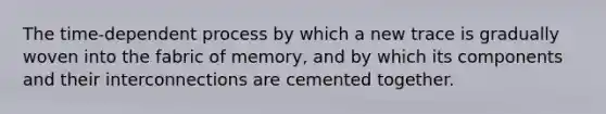 The time-dependent process by which a new trace is gradually woven into the fabric of memory, and by which its components and their interconnections are cemented together.