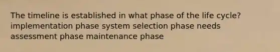 The timeline is established in what phase of the life cycle? implementation phase system selection phase needs assessment phase maintenance phase