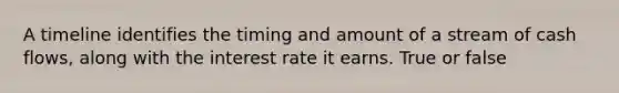 A timeline identifies the timing and amount of a stream of cash​ flows, along with the interest rate it earns. True or false