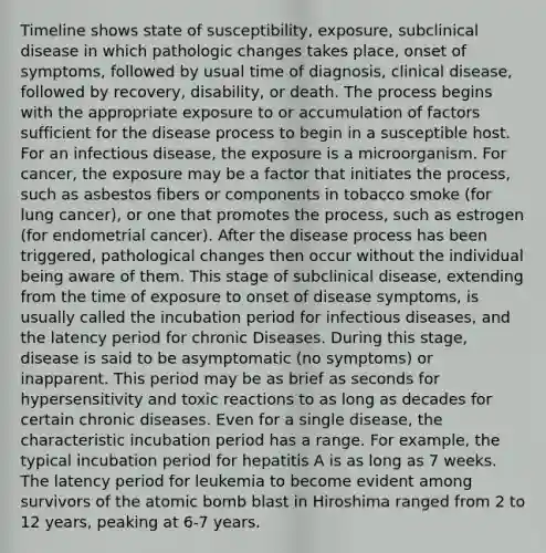 Timeline shows state of susceptibility, exposure, subclinical disease in which pathologic changes takes place, onset of symptoms, followed by usual time of diagnosis, clinical disease, followed by recovery, disability, or death. The process begins with the appropriate exposure to or accumulation of factors sufficient for the disease process to begin in a susceptible host. For an infectious disease, the exposure is a microorganism. For cancer, the exposure may be a factor that initiates the process, such as asbestos fibers or components in tobacco smoke (for lung cancer), or one that promotes the process, such as estrogen (for endometrial cancer). After the disease process has been triggered, pathological changes then occur without the individual being aware of them. This stage of subclinical disease, extending from the time of exposure to onset of disease symptoms, is usually called the incubation period for infectious diseases, and the latency period for chronic Diseases. During this stage, disease is said to be asymptomatic (no symptoms) or inapparent. This period may be as brief as seconds for hypersensitivity and toxic reactions to as long as decades for certain chronic diseases. Even for a single disease, the characteristic incubation period has a range. For example, the typical incubation period for hepatitis A is as long as 7 weeks. The latency period for leukemia to become evident among survivors of the atomic bomb blast in Hiroshima ranged from 2 to 12 years, peaking at 6-7 years.