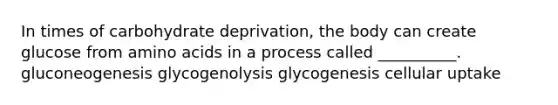 In times of carbohydrate deprivation, the body can create glucose from amino acids in a process called __________. gluconeogenesis glycogenolysis glycogenesis cellular uptake