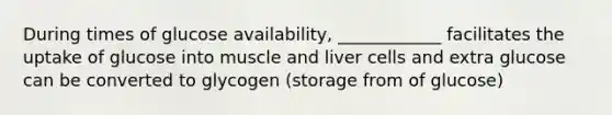 During times of glucose availability, ____________ facilitates the uptake of glucose into muscle and liver cells and extra glucose can be converted to glycogen (storage from of glucose)