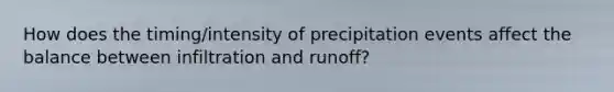 How does the timing/intensity of precipitation events affect the balance between infiltration and runoff?