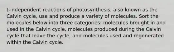 t-independent reactions of photosynthesis, also known as the Calvin cycle, use and produce a variety of molecules. Sort the molecules below into three categories: molecules brought in and used in the Calvin cycle, molecules produced during the Calvin cycle that leave the cycle, and molecules used and regenerated within the Calvin cycle.