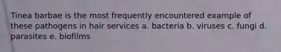Tinea barbae is the most frequently encountered example of these pathogens in hair services a. bacteria b. viruses c. fungi d. parasites e. biofilms